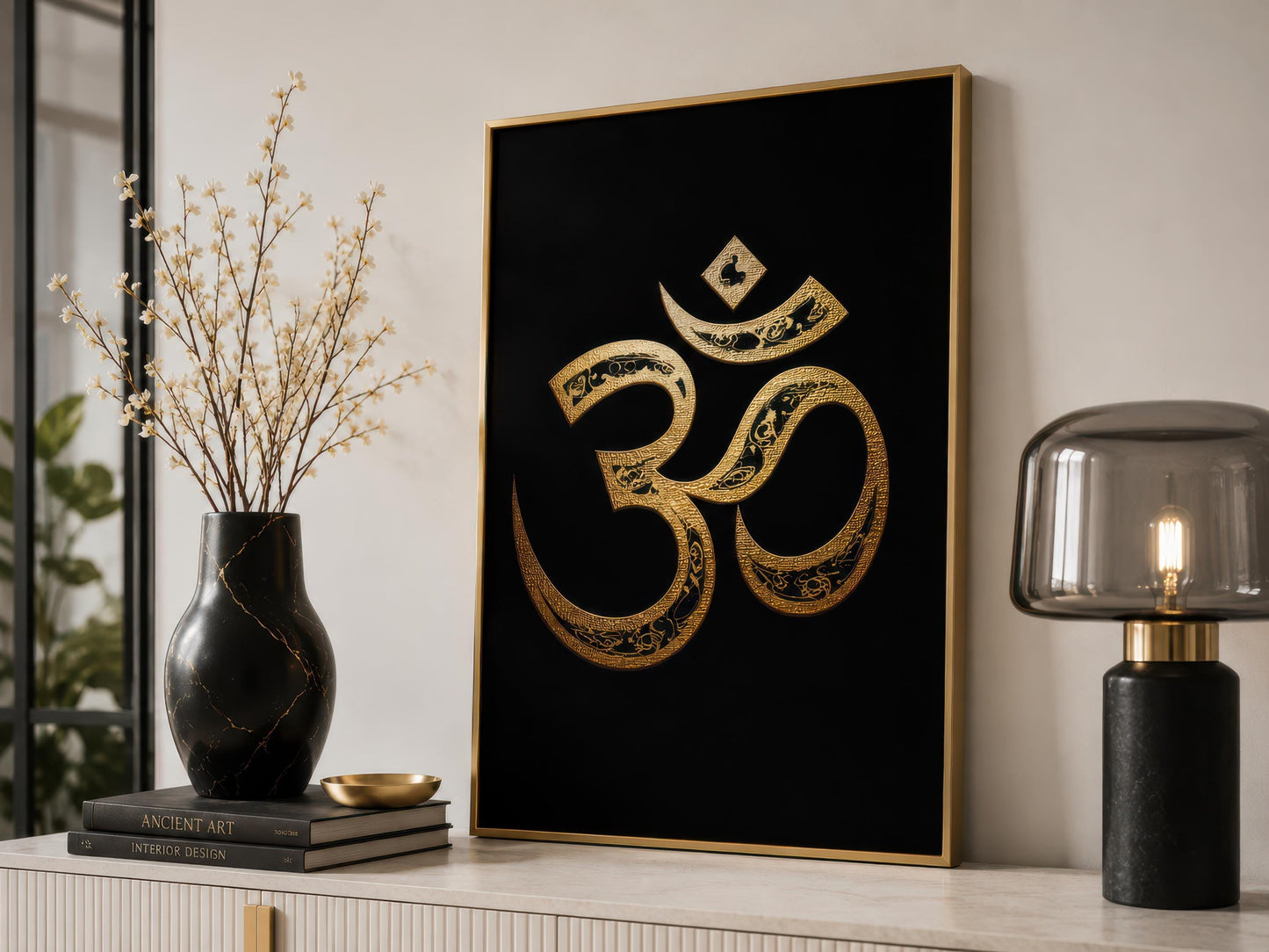 Om Symbol Wall Art – Gold Black Canvas | Spiritual Meditation Room Painting