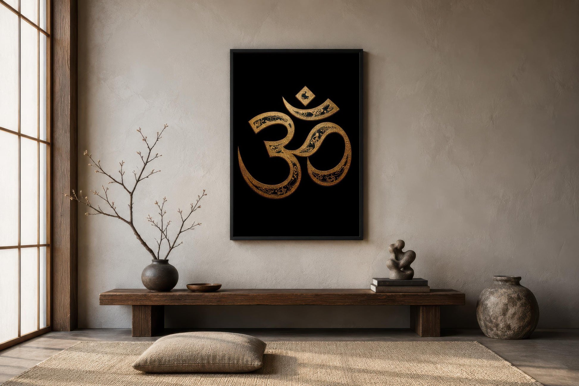 Om Symbol Wall Art – Gold Black Canvas | Spiritual Meditation Room Painting