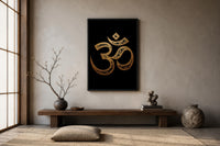 Om Symbol Wall Art – Gold Black Canvas | Spiritual Meditation Room Painting