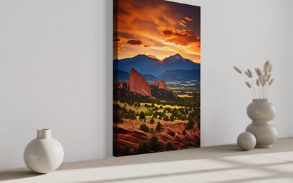 Orange Mountain Landscape At Sunset Framed Canvas Wall Art