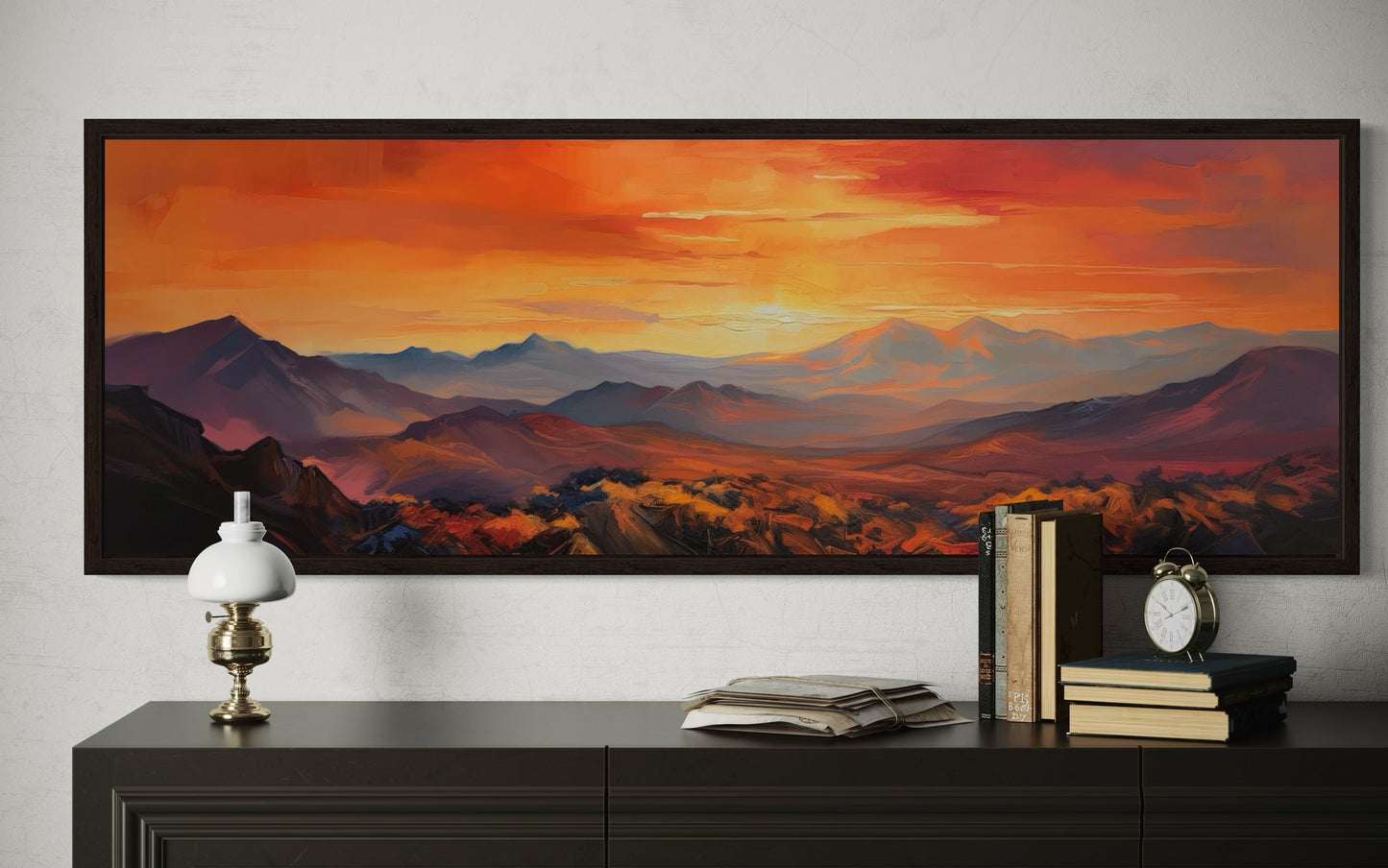 Orange Mountain Sunset Horizontal Framed Canvas Wall Art Above Bed Or Couch