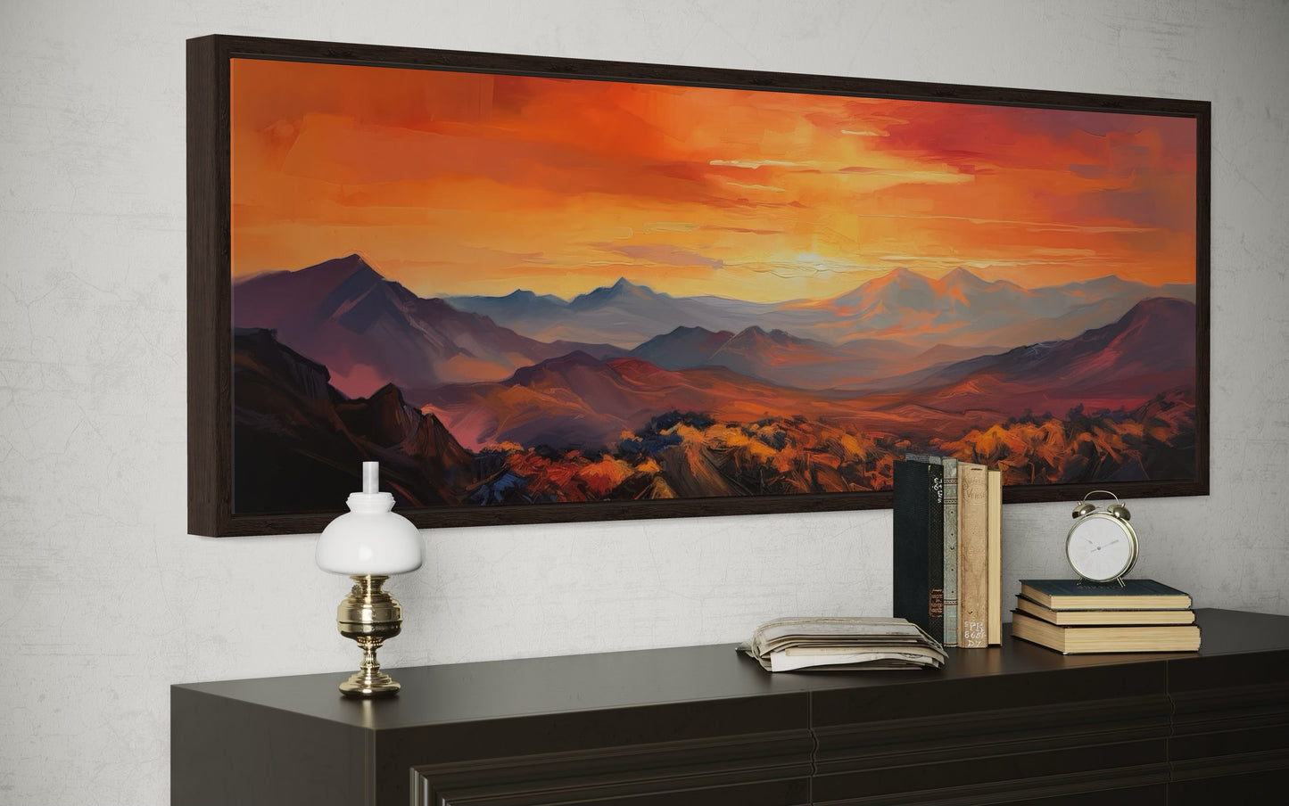Orange Mountain Sunset Horizontal Framed Canvas Wall Art Above Bed Or Couch
