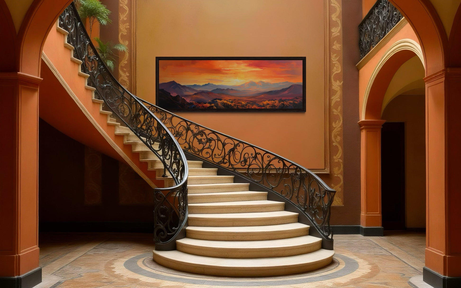Orange Mountain Sunset Horizontal Framed Canvas Wall Art Above Bed Or Couch