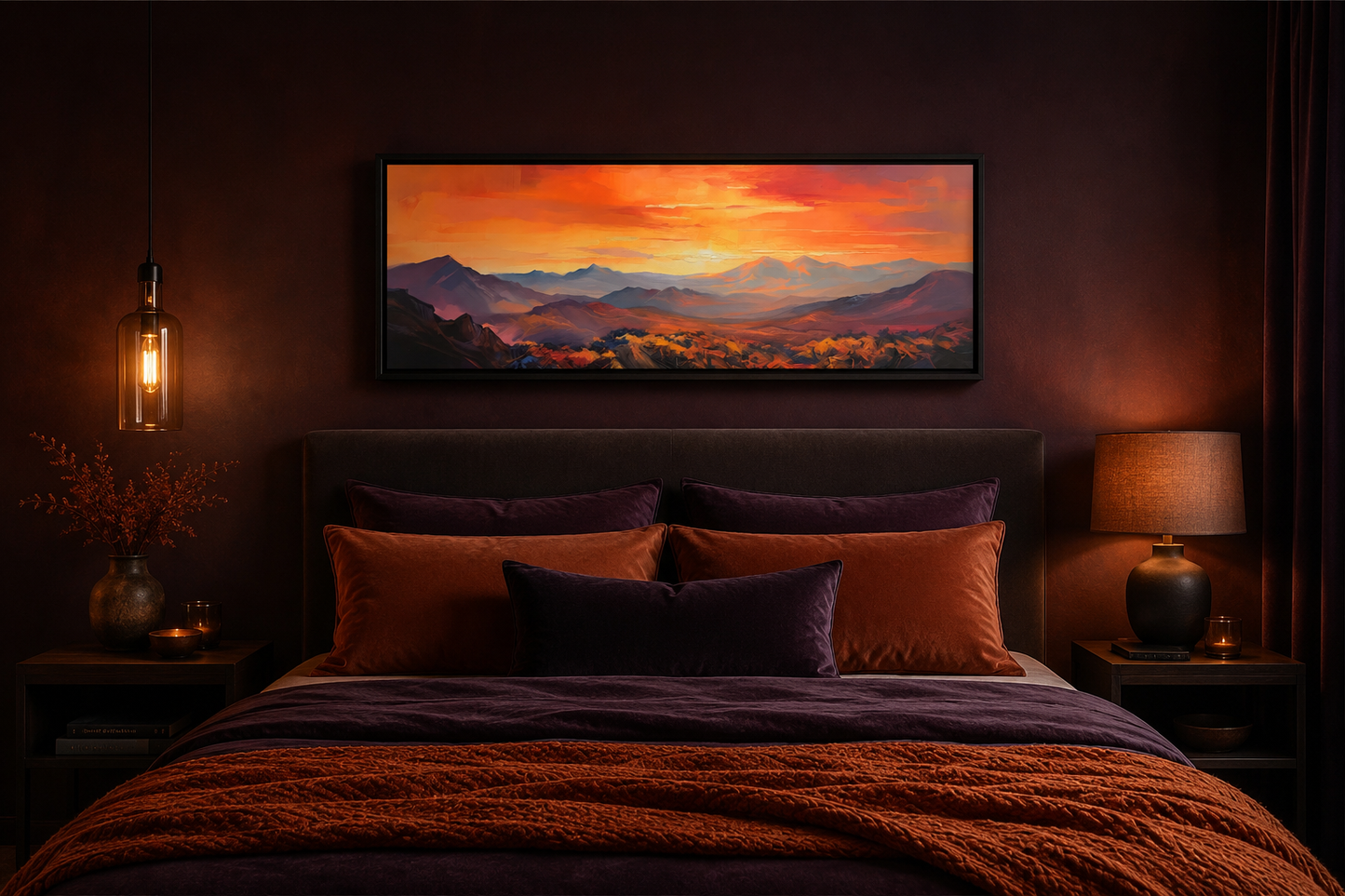 Orange Mountain Sunset Horizontal Framed Canvas Wall Art Above Bed Or Couch