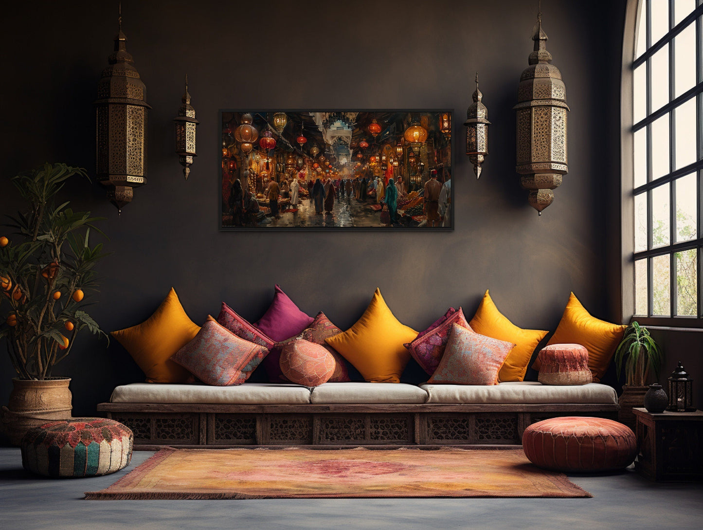Oriental Bazaar Wall Art – Traditional Framed Market Painting Canvas for Rustic Home