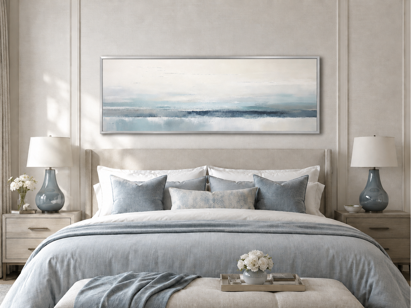 Blue Gray Calm Coastal Over Bed Framed Canvas Wall Art