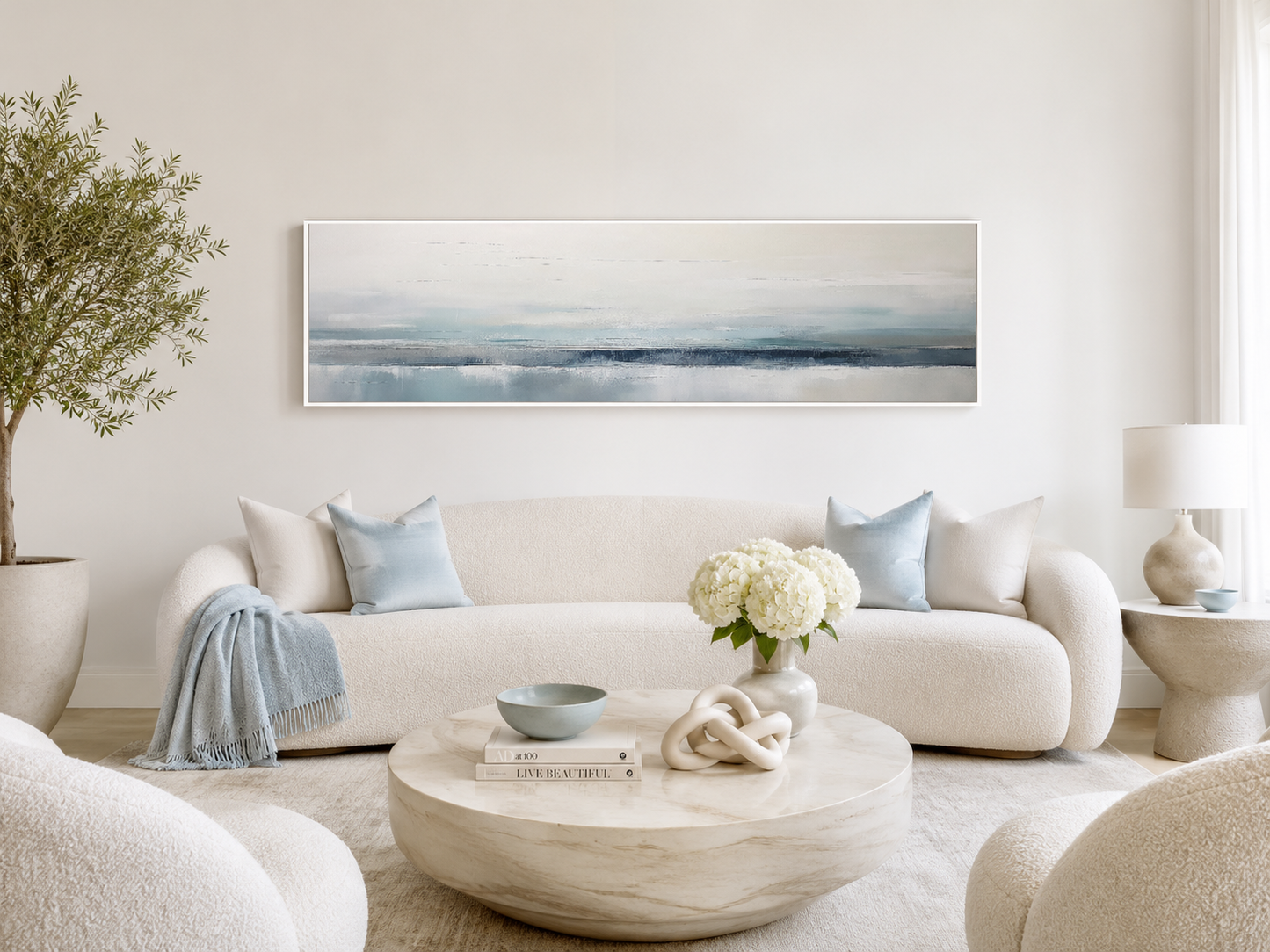 Blue Gray Calm Coastal Over Bed Framed Canvas Wall Art