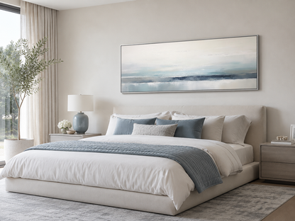 Blue Gray Calm Coastal Over Bed Framed Canvas Wall Art