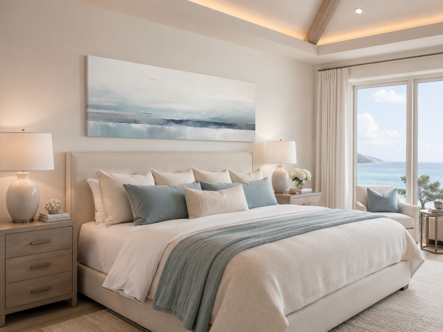 Blue Gray Calm Coastal Over Bed Framed Canvas Wall Art