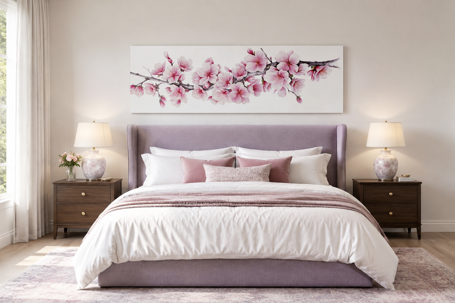 Cherry Blossom Watercolor Painting Long Horizontal Wall Art Above Bed