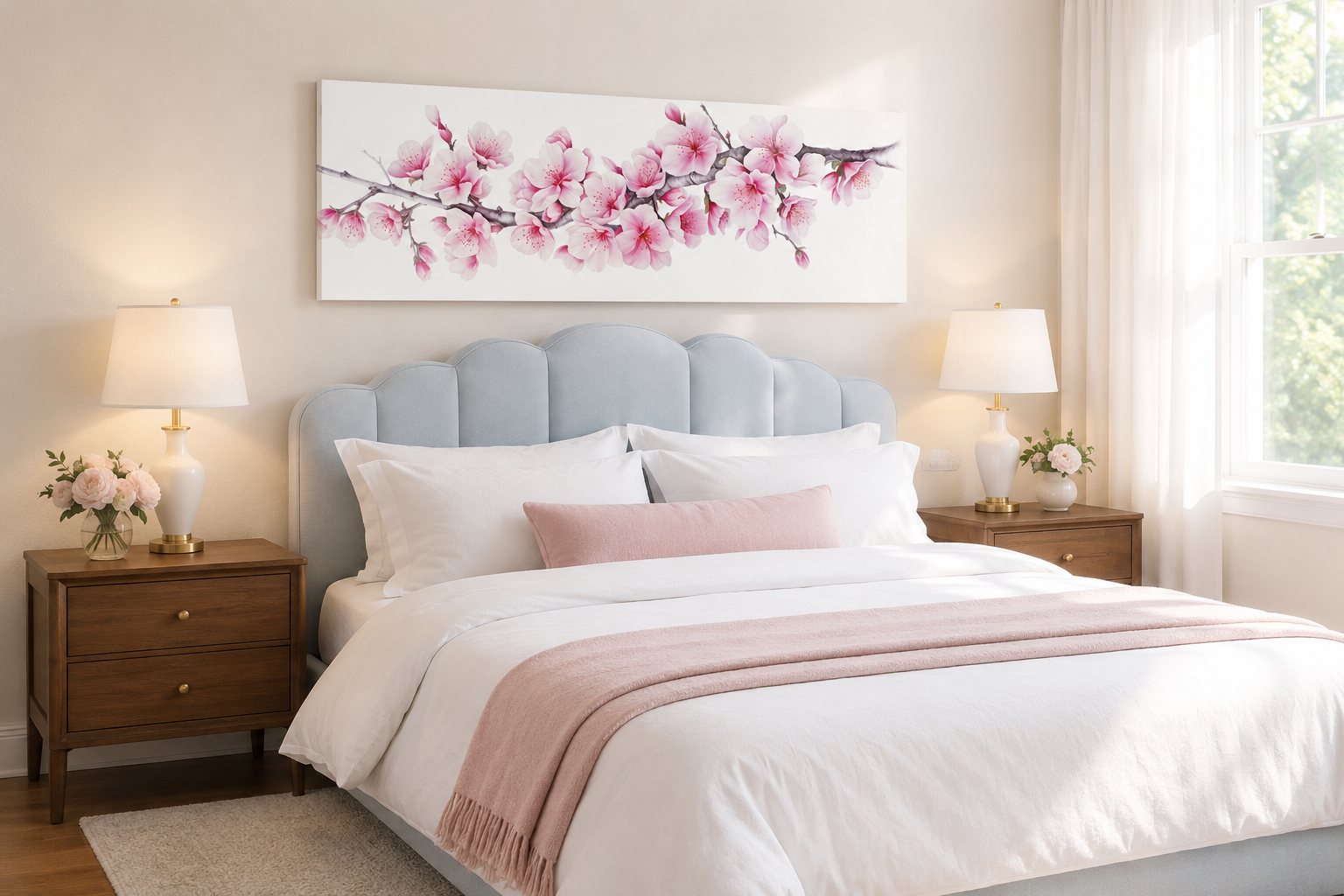 Cherry Blossom Watercolor Painting Long Horizontal Wall Art Above Bed