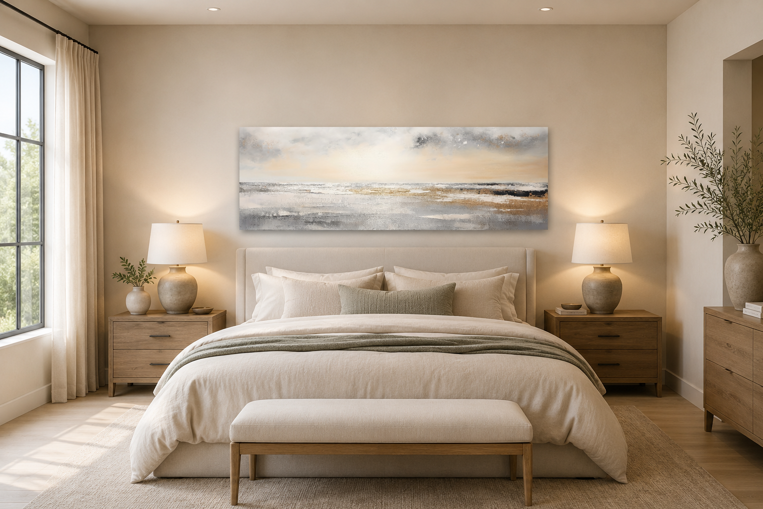 Gold And Silver Abstract Beach Sunset Minimalist Over Bed Wall Art