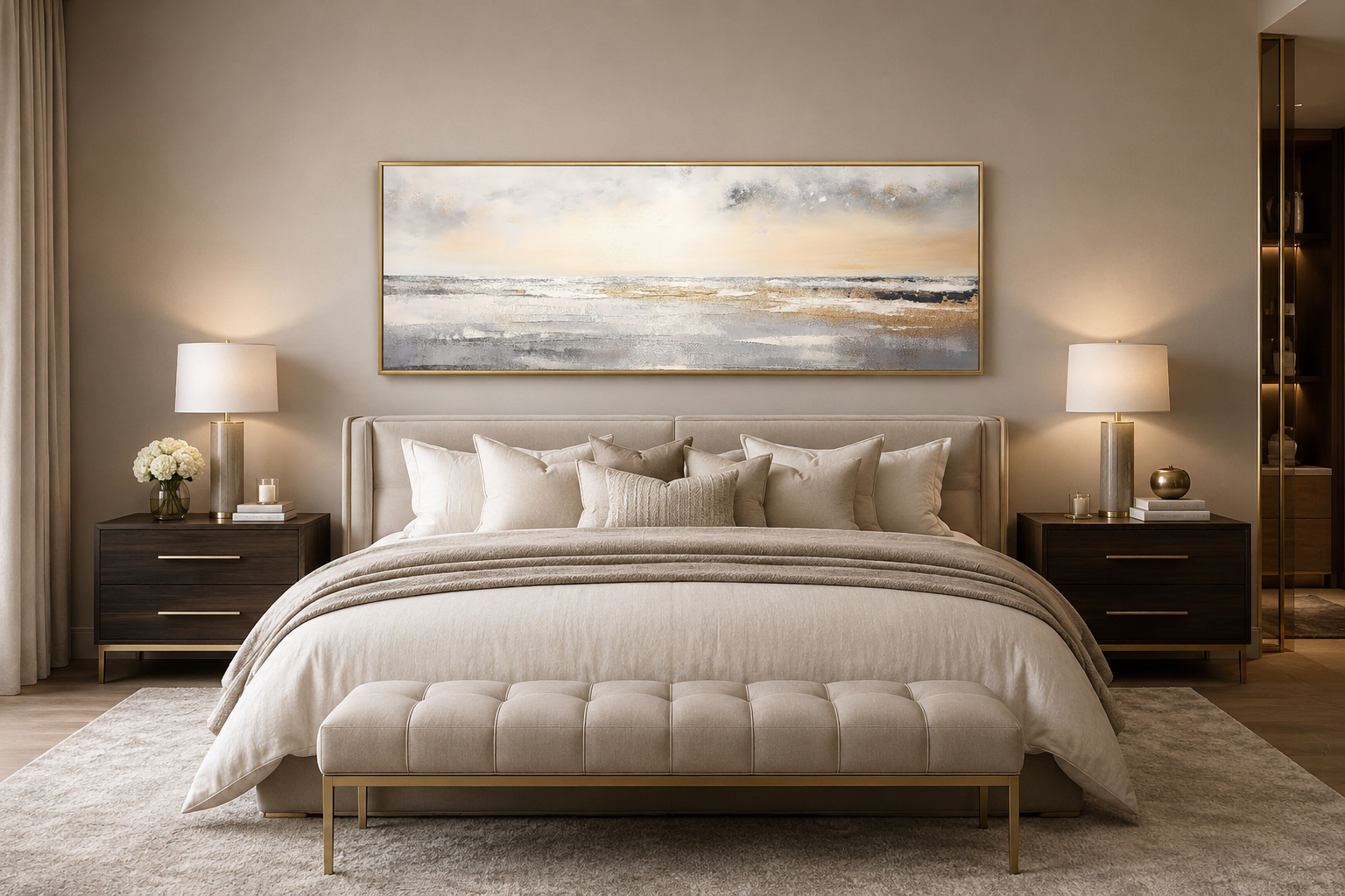 Gold And Silver Abstract Beach Sunset Minimalist Over Bed Wall Art