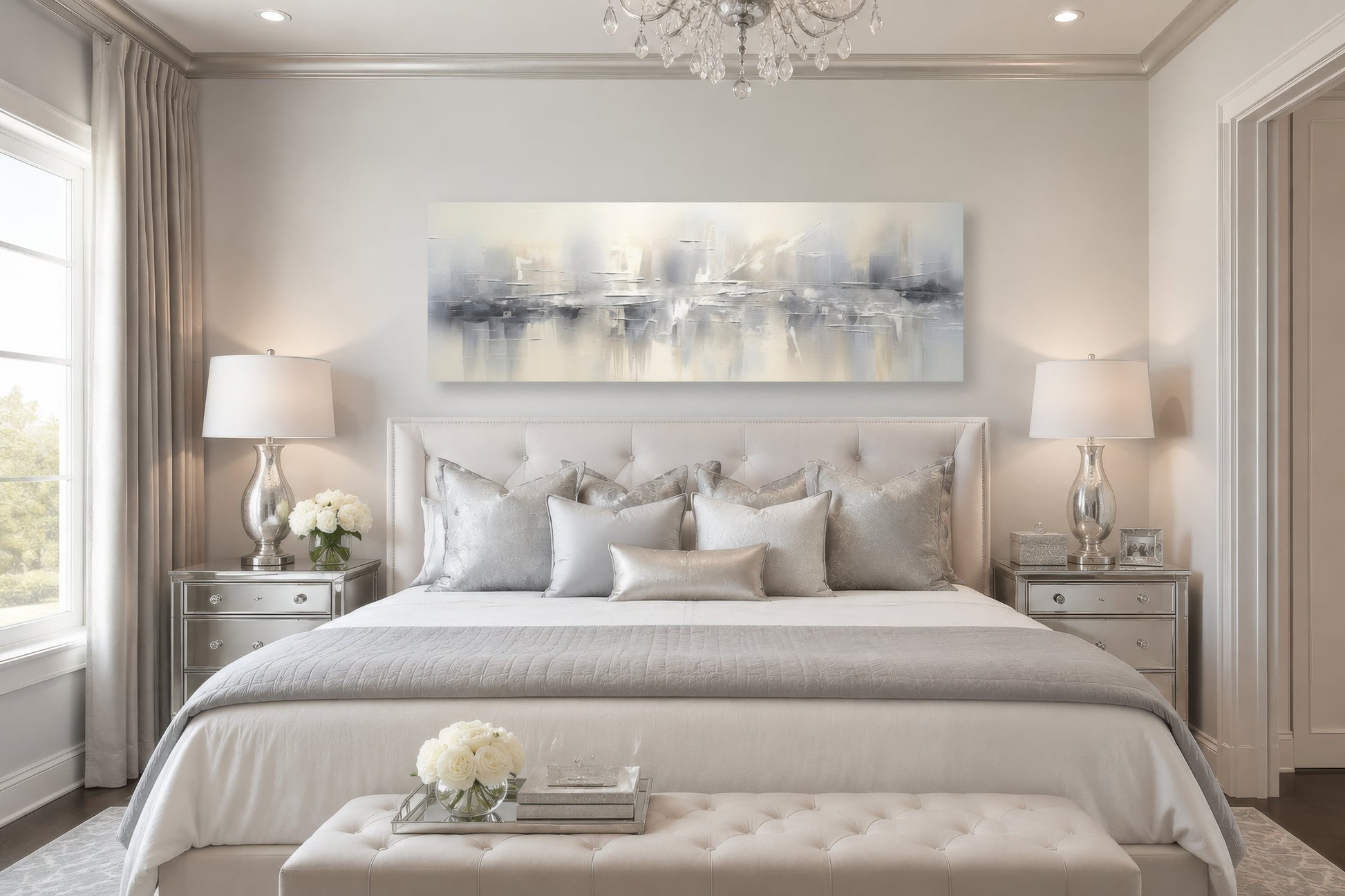 Minimalist Abstract Silver Gray Long Horizontal Living Room Framed Canvas Wall Art