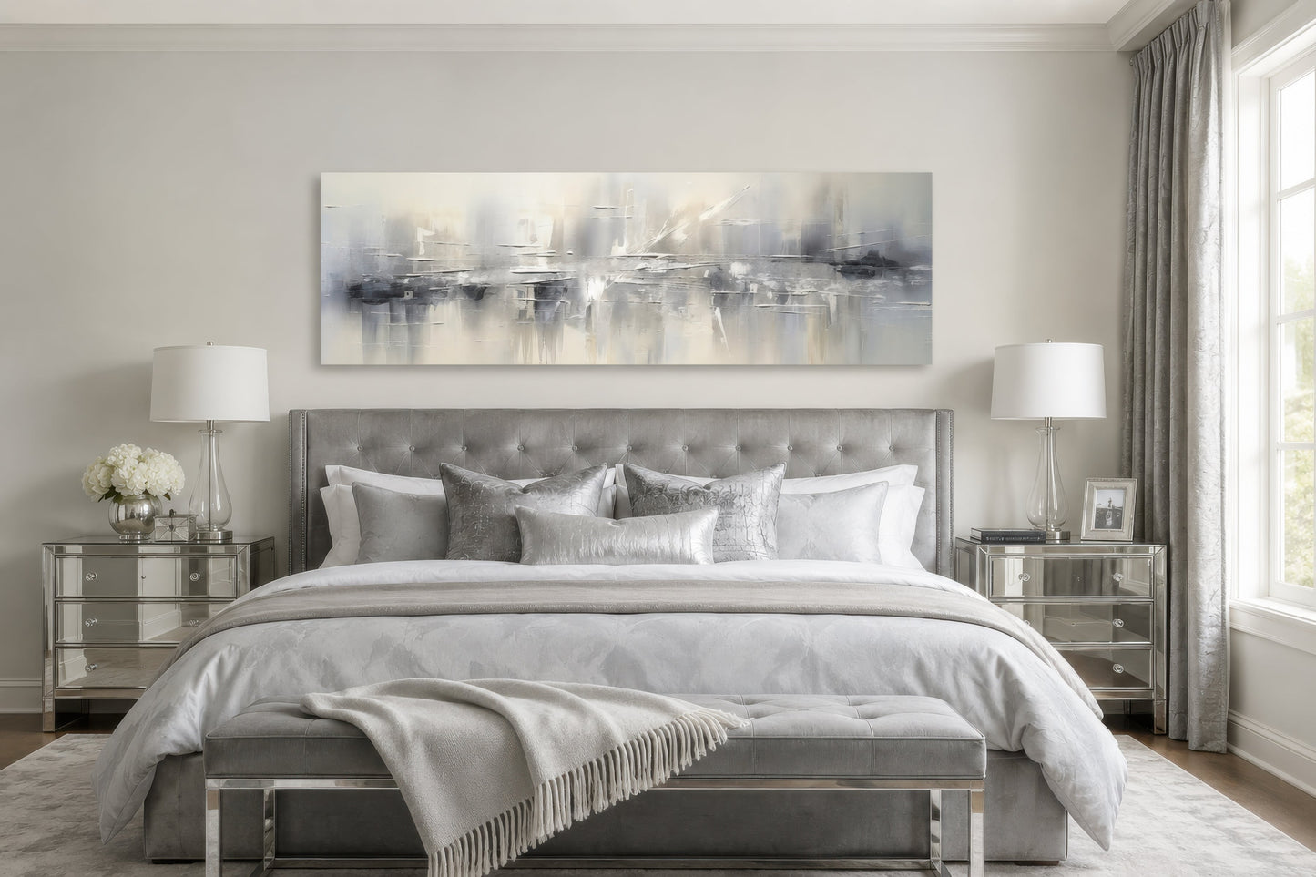Minimalist Abstract Silver Gray Long Horizontal Living Room Framed Canvas Wall Art