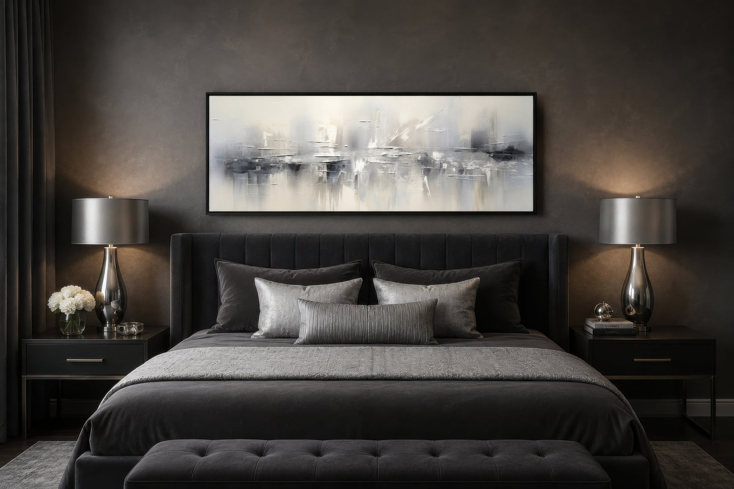Minimalist Abstract Silver Gray Long Horizontal Living Room Framed Canvas Wall Art