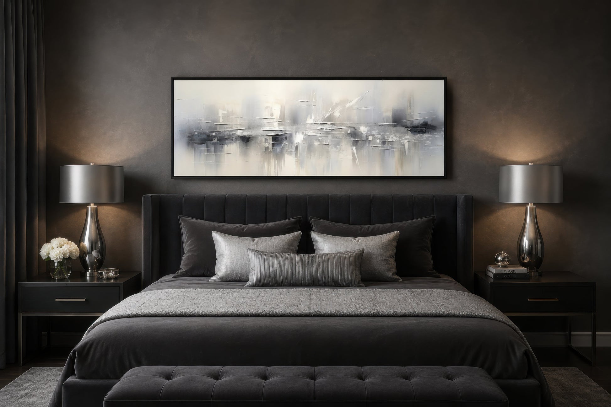 Minimalist Abstract Silver Gray Long Horizontal Living Room Framed Canvas Wall Art