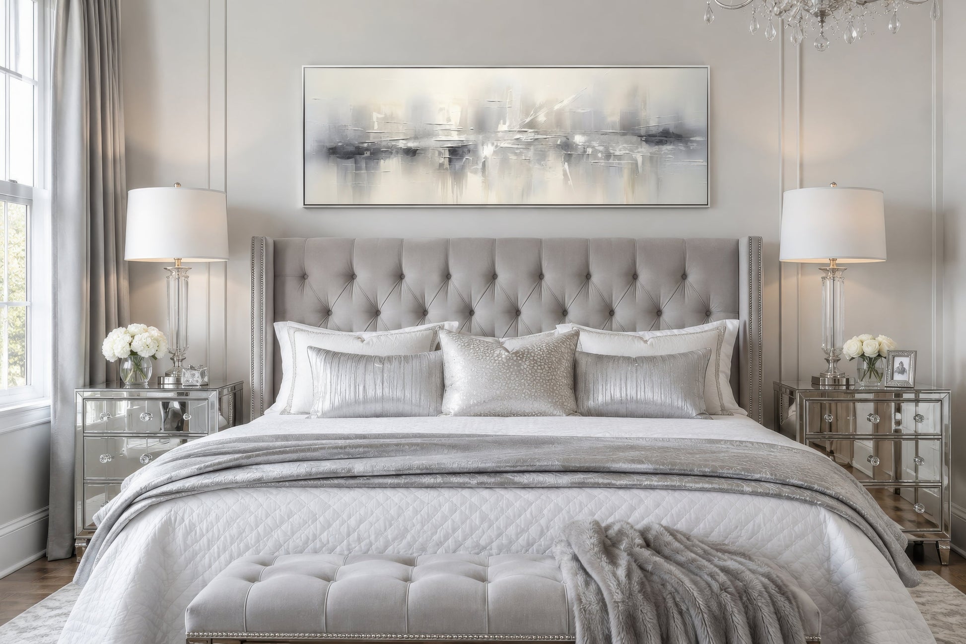 Minimalist Abstract Silver Gray Long Horizontal Living Room Framed Canvas Wall Art