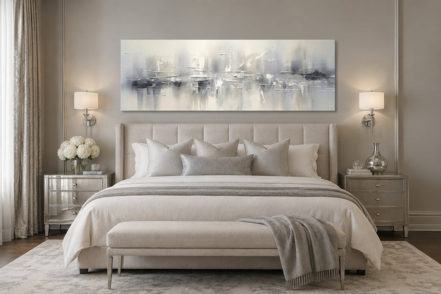 Minimalist Abstract Silver Gray Long Horizontal Living Room Framed Canvas Wall Art