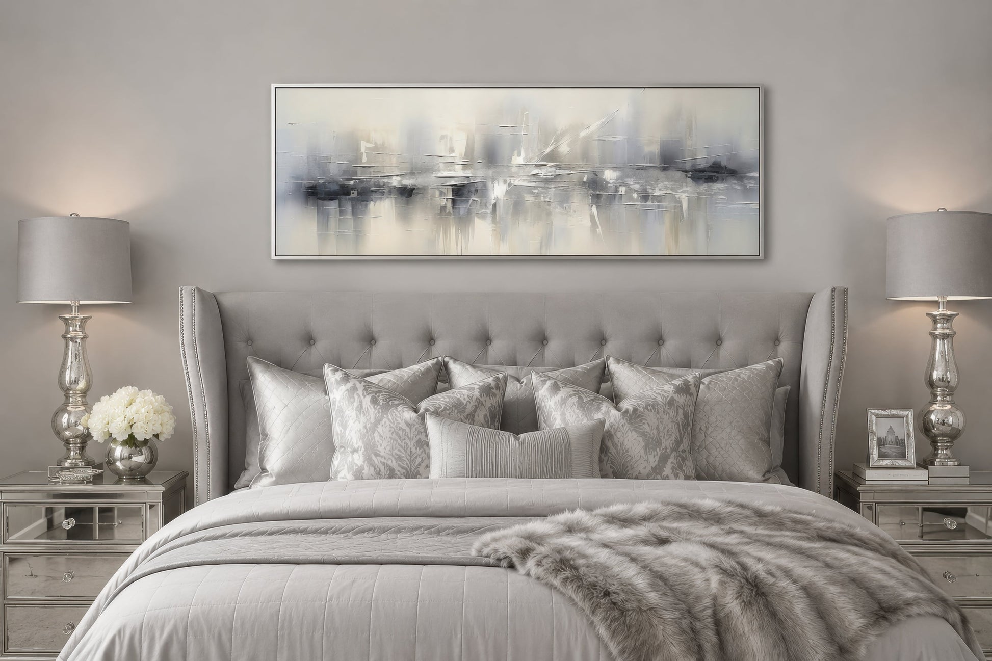 Minimalist Abstract Silver Gray Long Horizontal Living Room Framed Canvas Wall Art