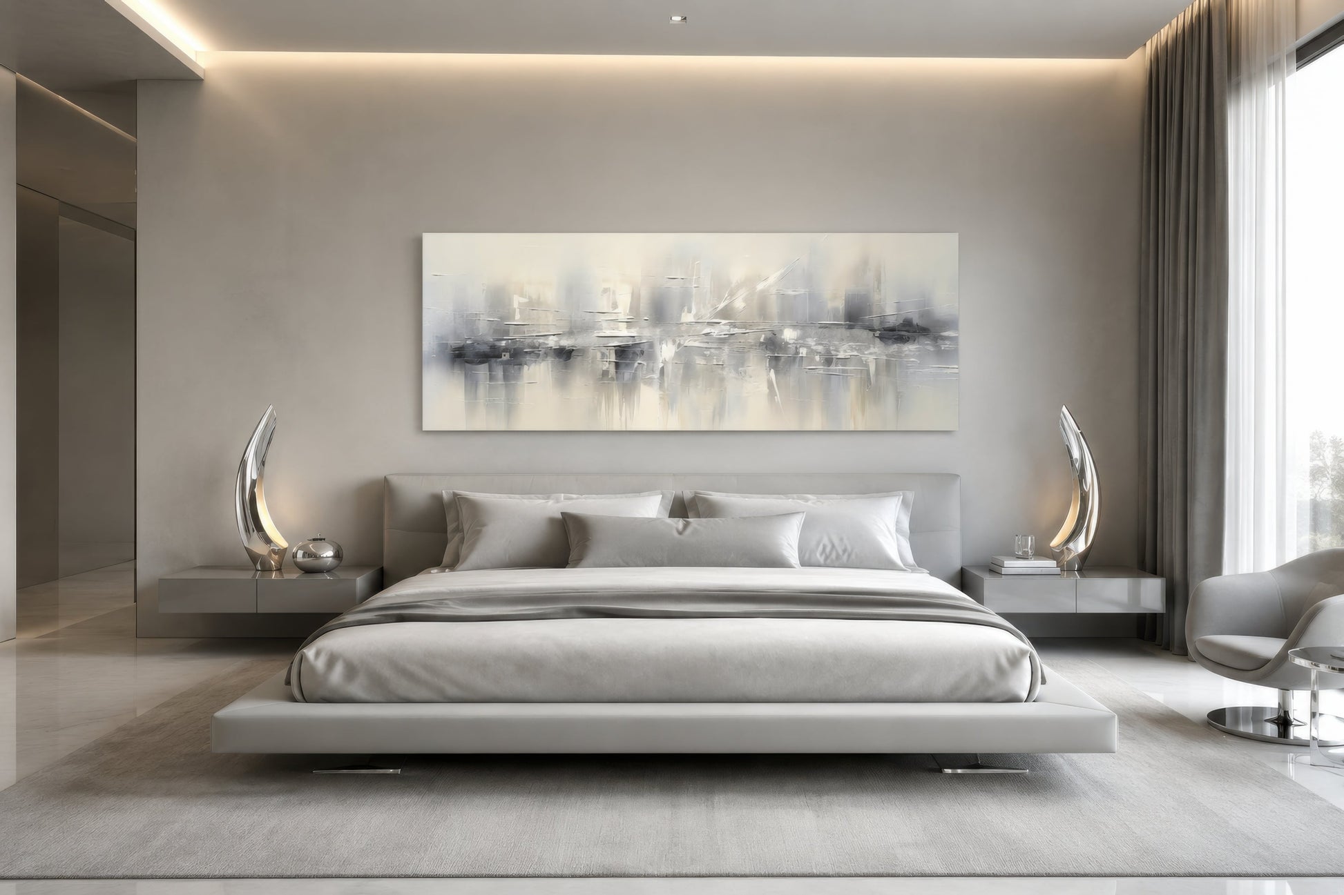 Minimalist Abstract Silver Gray Long Horizontal Living Room Framed Canvas Wall Art