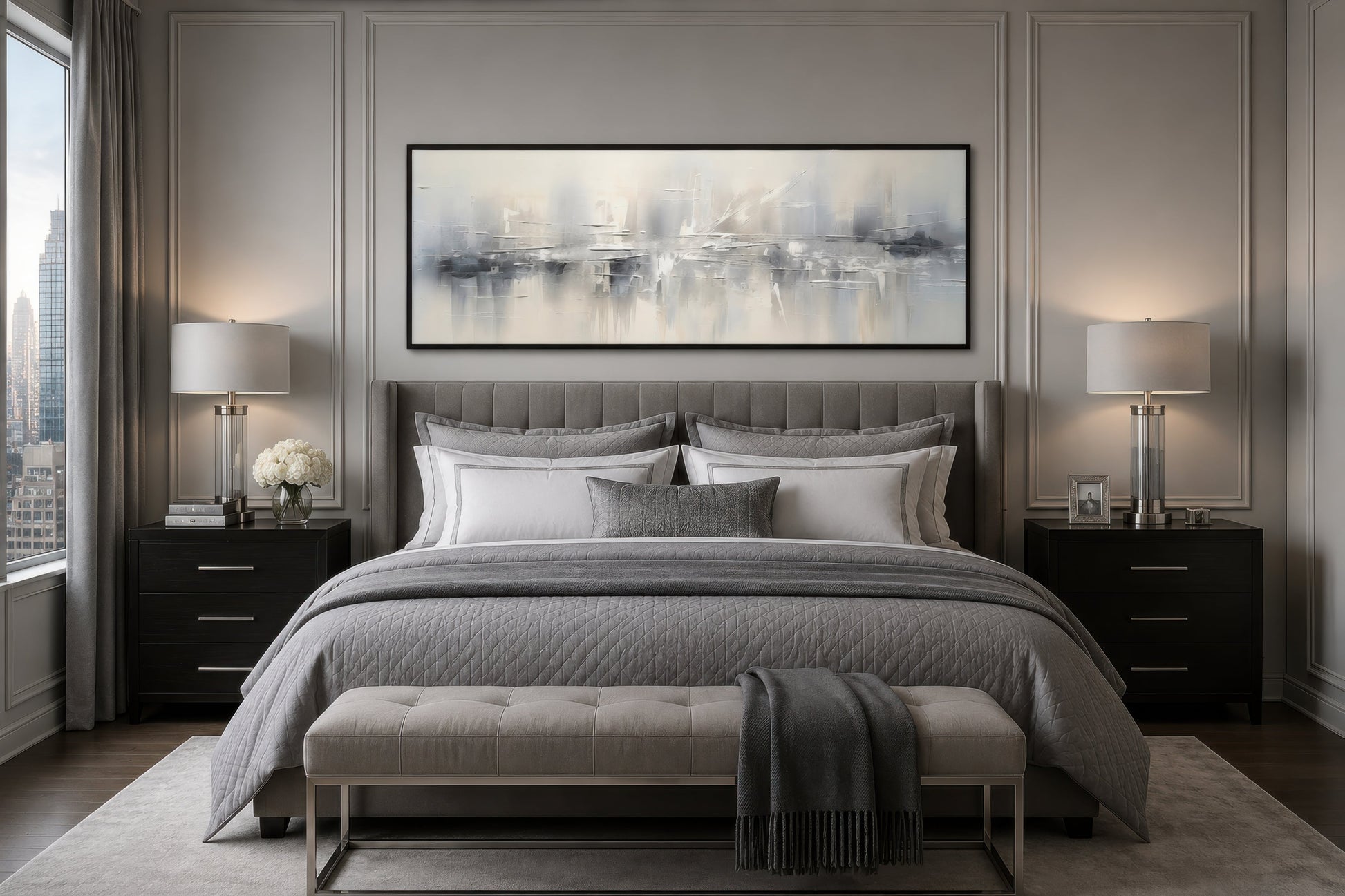 Minimalist Abstract Silver Gray Long Horizontal Living Room Framed Canvas Wall Art