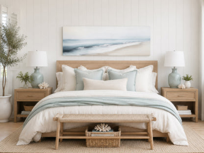 Minimalist Coastal Gray Blue Watercolor Panoramic Ocean Beach Canvas Wall Art