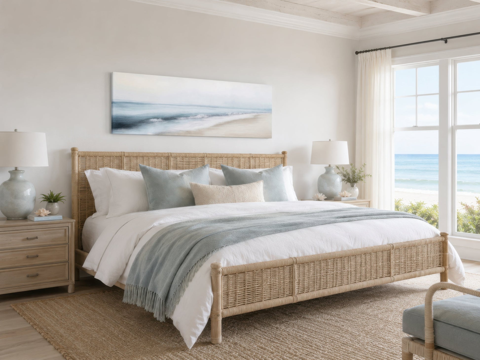 Minimalist Coastal Gray Blue Watercolor Panoramic Ocean Beach Canvas Wall Art