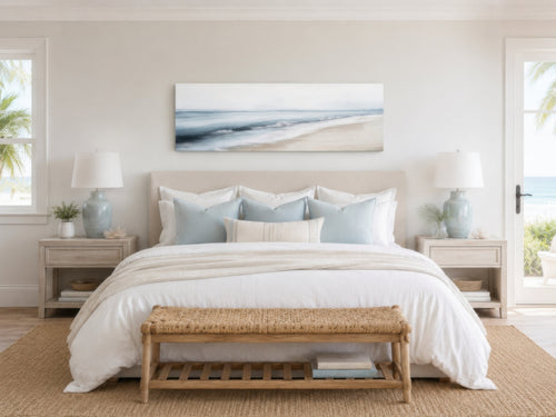 Minimalist Coastal Gray Blue Watercolor Panoramic Ocean Beach Canvas Wall Art