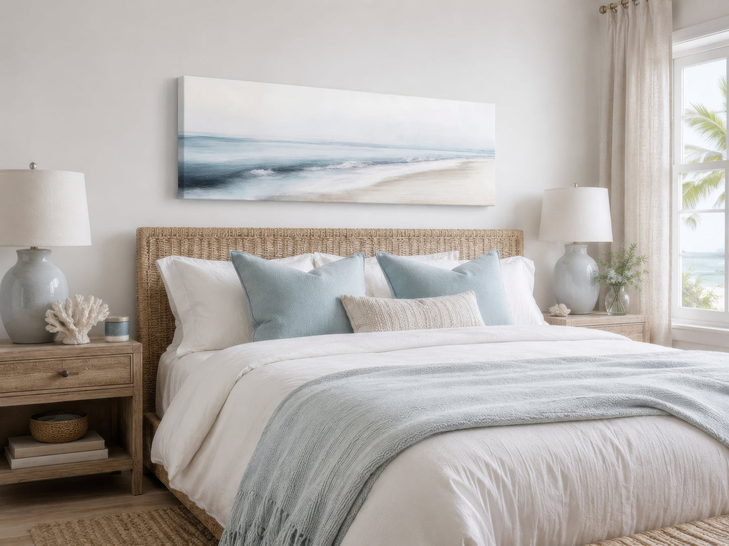 Minimalist Coastal Gray Blue Watercolor Panoramic Ocean Beach Canvas Wall Art