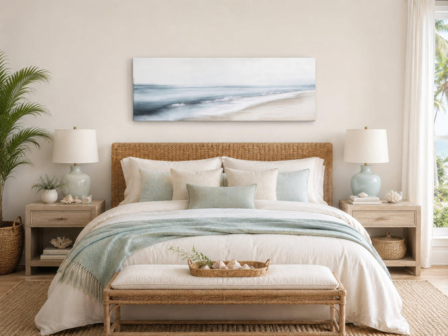 Minimalist Coastal Gray Blue Watercolor Panoramic Ocean Beach Canvas Wall Art