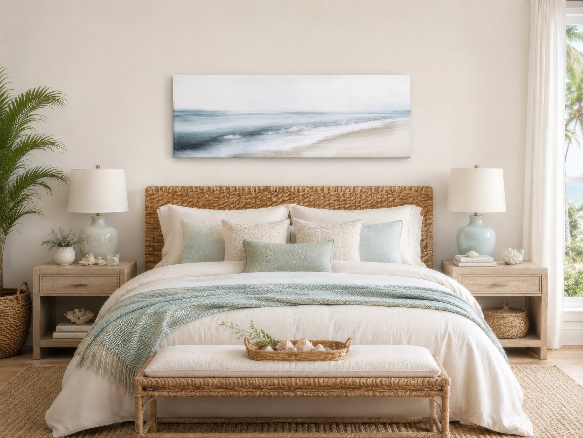 Minimalist Coastal Gray Blue Watercolor Panoramic Ocean Beach Canvas Wall Art