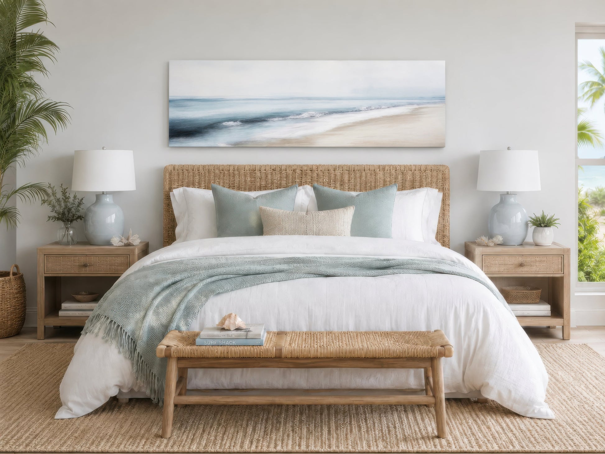 Minimalist Coastal Gray Blue Watercolor Panoramic Ocean Beach Canvas Wall Art