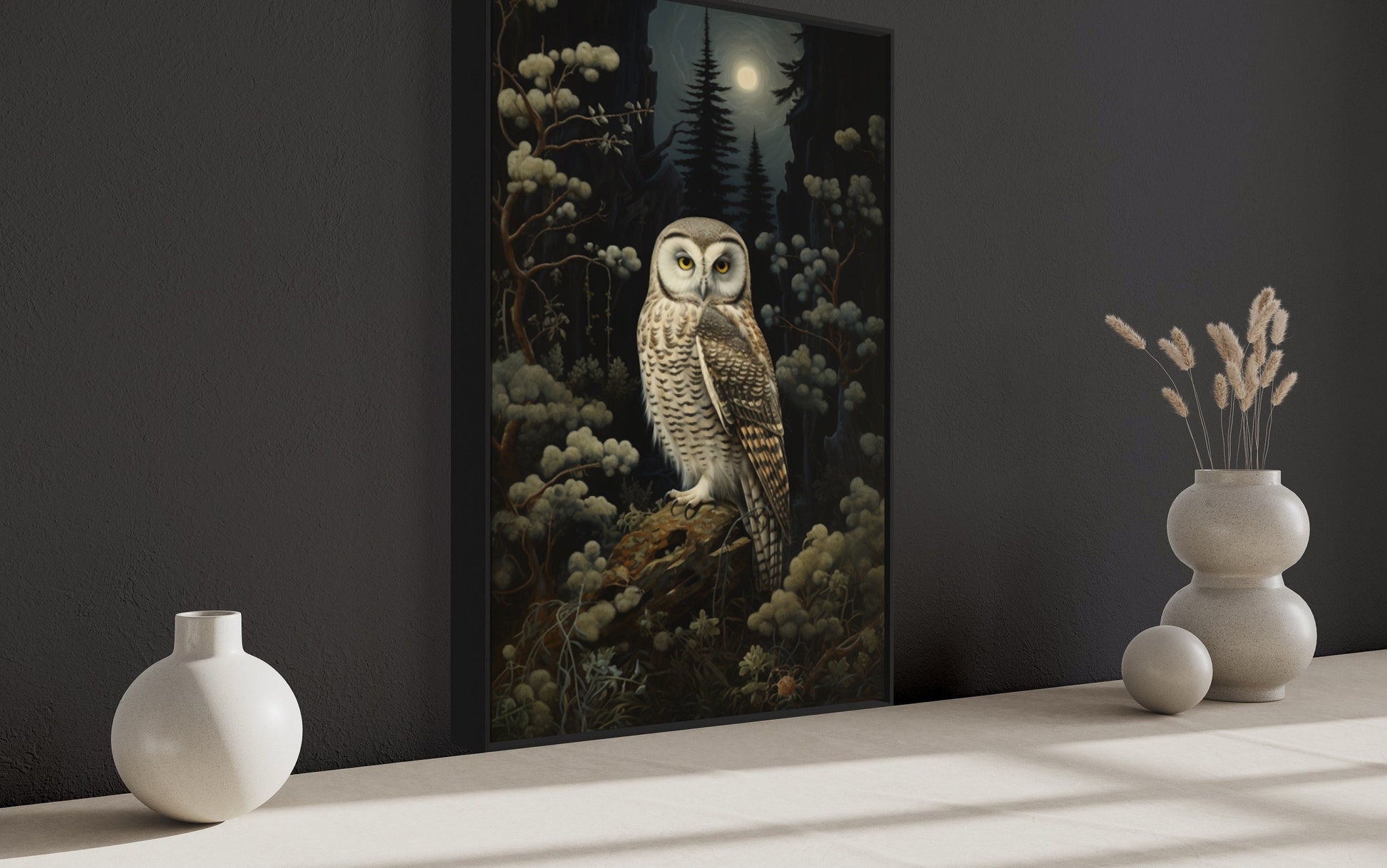 Owl in Haunted Forest Gothic Framed Canvas Wall Art
