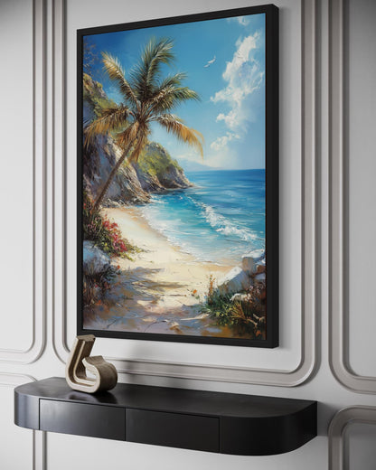 Palm Tree With Ocean View And Tropical Beach Framed Canvas Wall Art