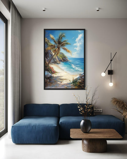 Palm Tree With Ocean View And Tropical Beach Framed Canvas Wall Art