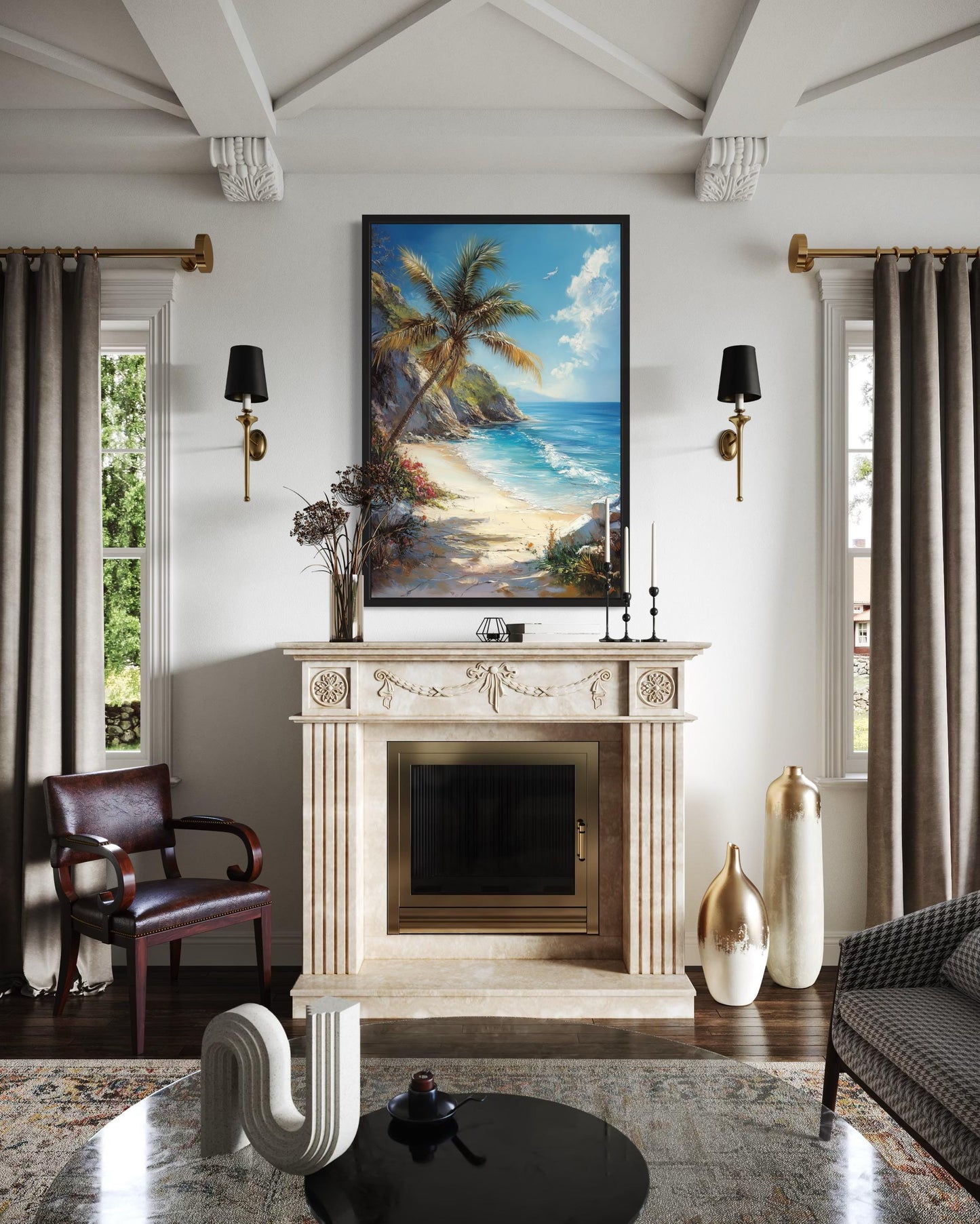 Palm Tree With Ocean View And Tropical Beach Framed Canvas Wall Art