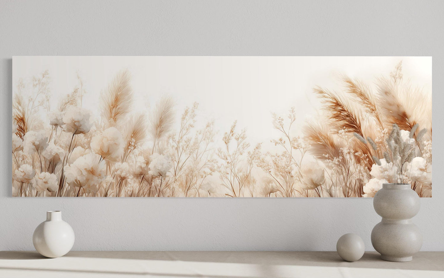 Pampas Grass Long Horizontal Neutral Canvas Wall Above Bed Decor