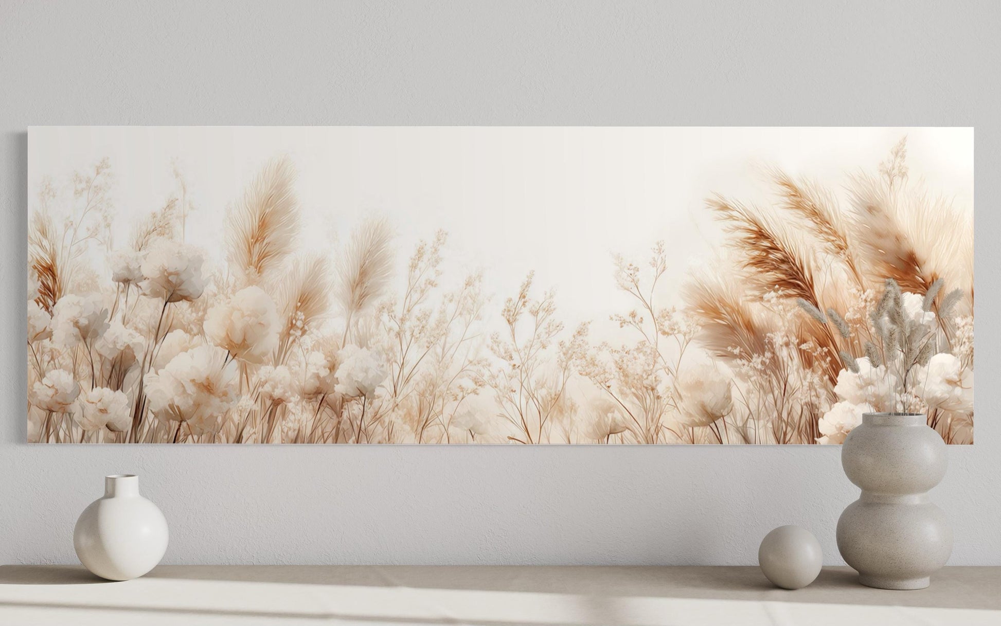 Pampas Grass Long Horizontal Neutral Canvas Wall Above Bed Decor