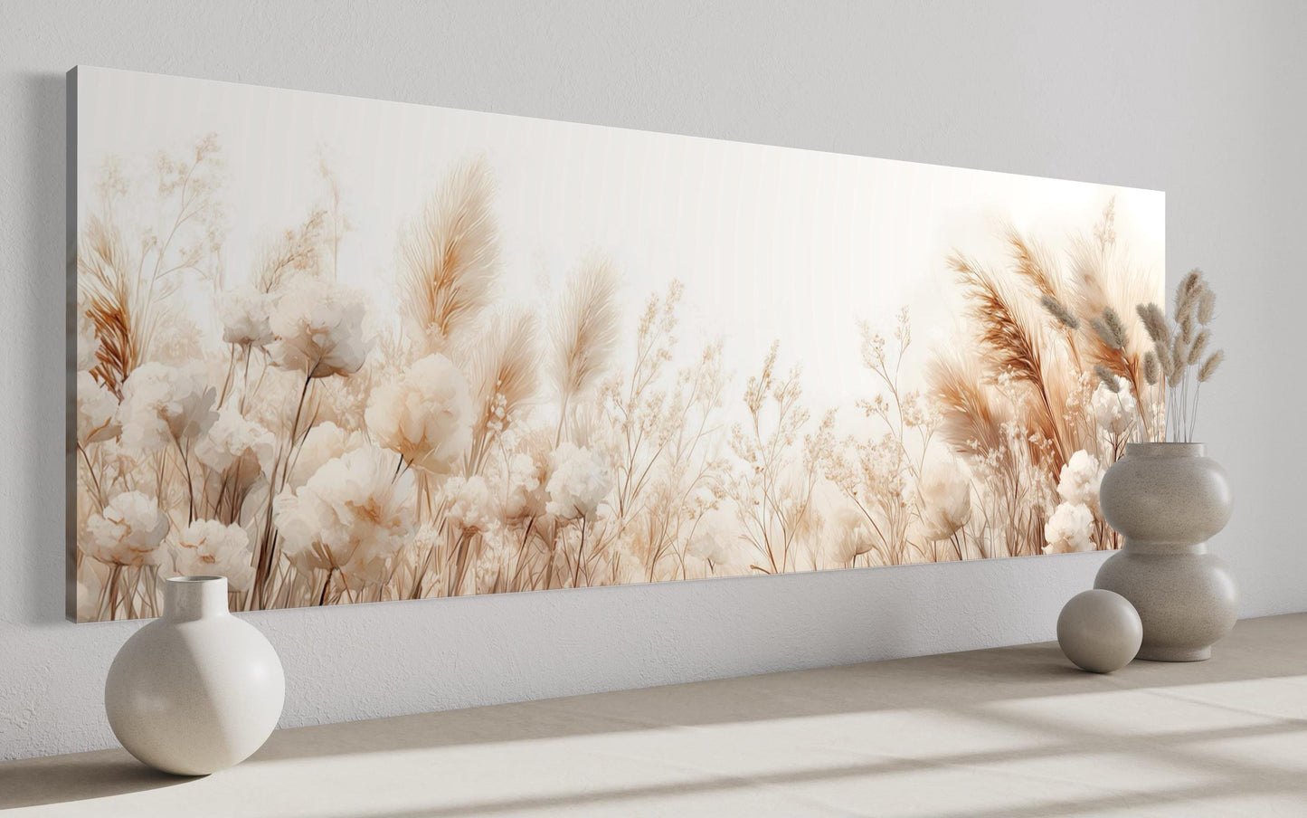 Pampas Grass Long Horizontal Neutral Canvas Wall Above Bed Decor