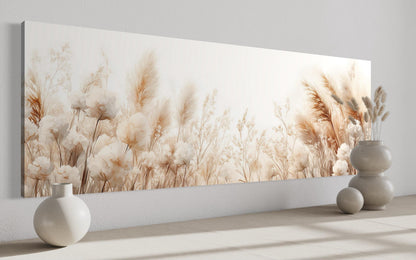 Pampas Grass Long Horizontal Neutral Canvas Wall Above Bed Decor