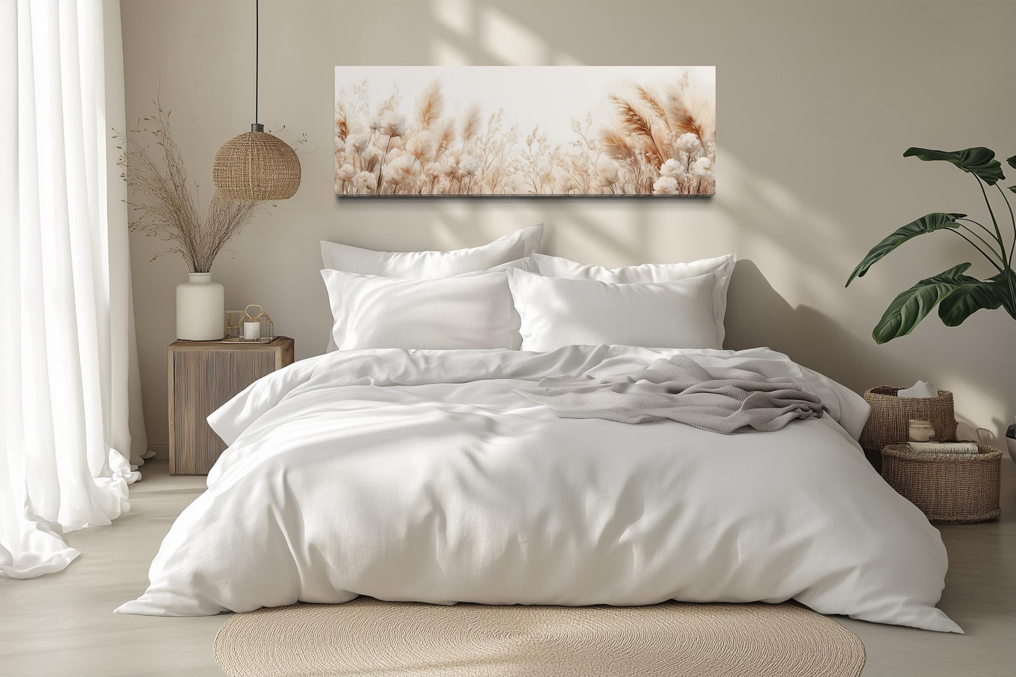 Pampas Grass Long Horizontal Neutral Canvas Wall Above Bed Decor