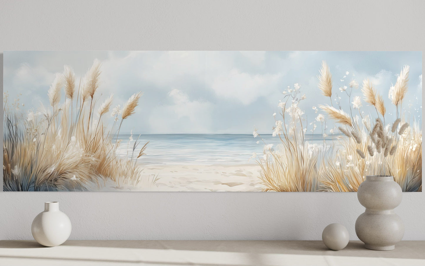 Pampas Grass On The Beach Horizontal Neutral Framed Canvas Wall Art