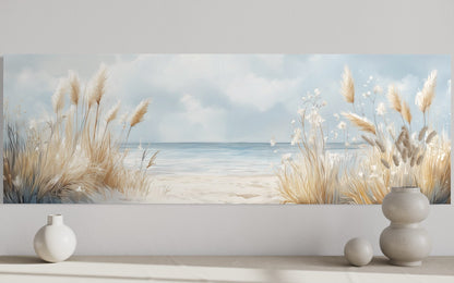 Pampas Grass On The Beach Horizontal Neutral Framed Canvas Wall Art
