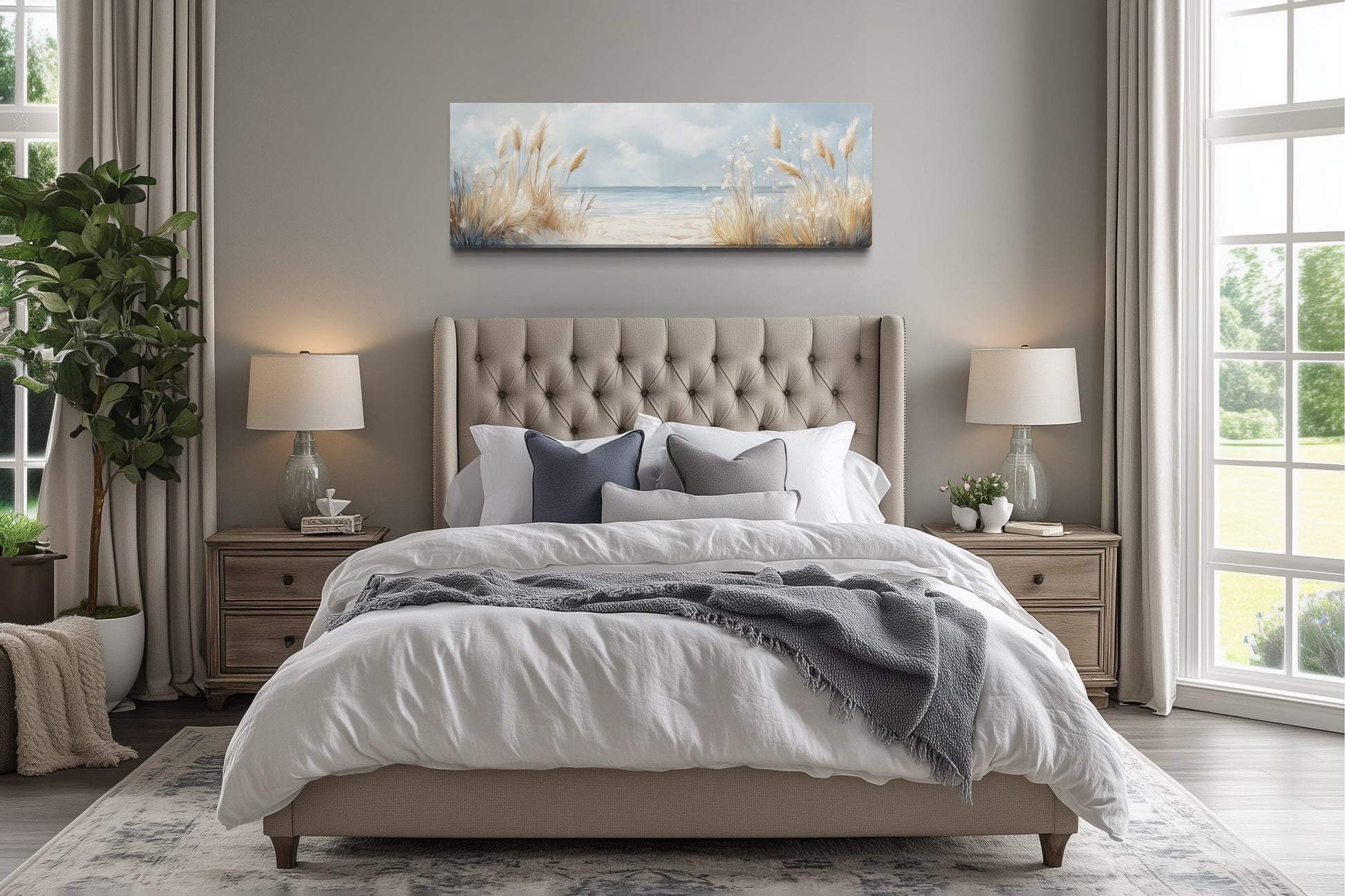 Pampas Grass On The Beach Horizontal Neutral Framed Canvas Wall Art