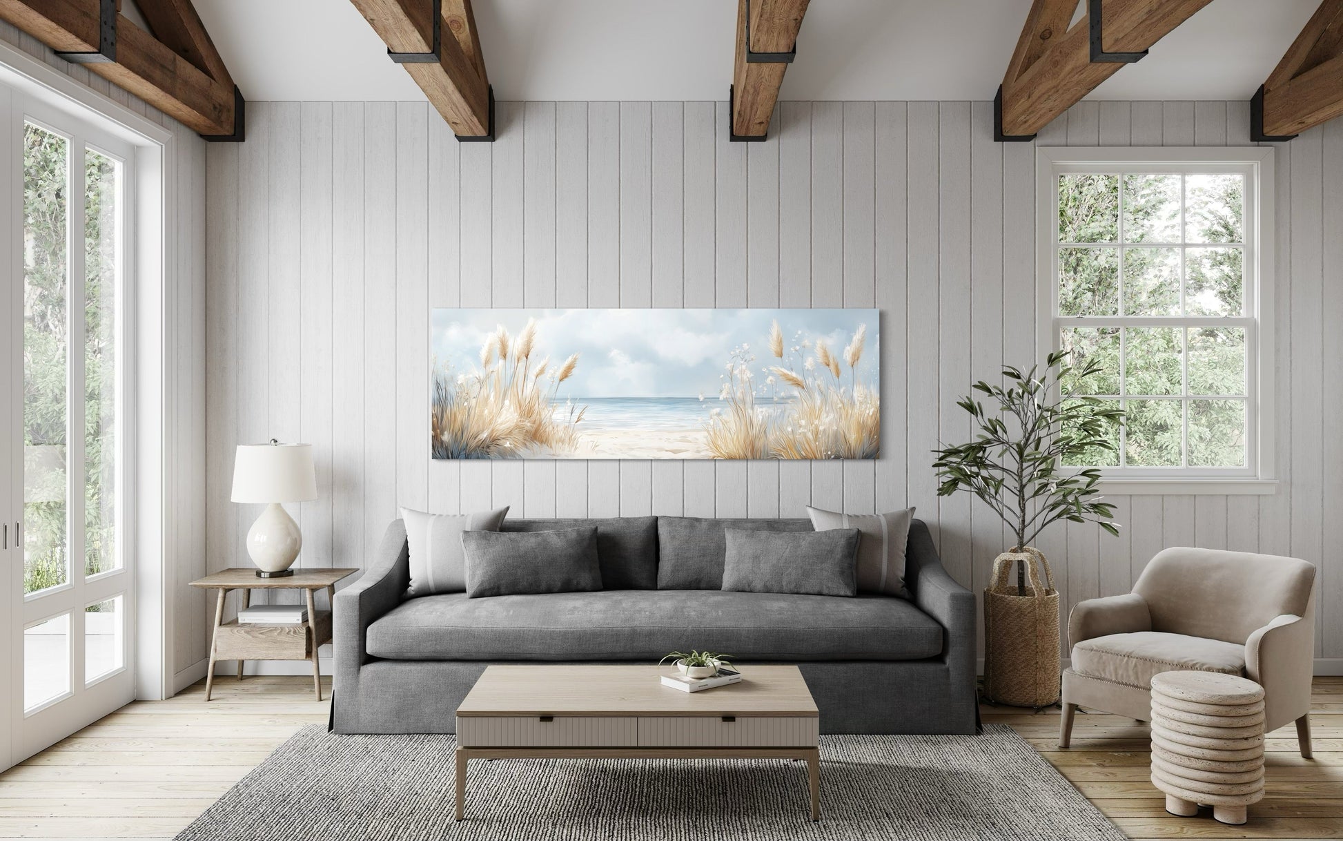 Pampas Grass On The Beach Horizontal Neutral Framed Canvas Wall Art