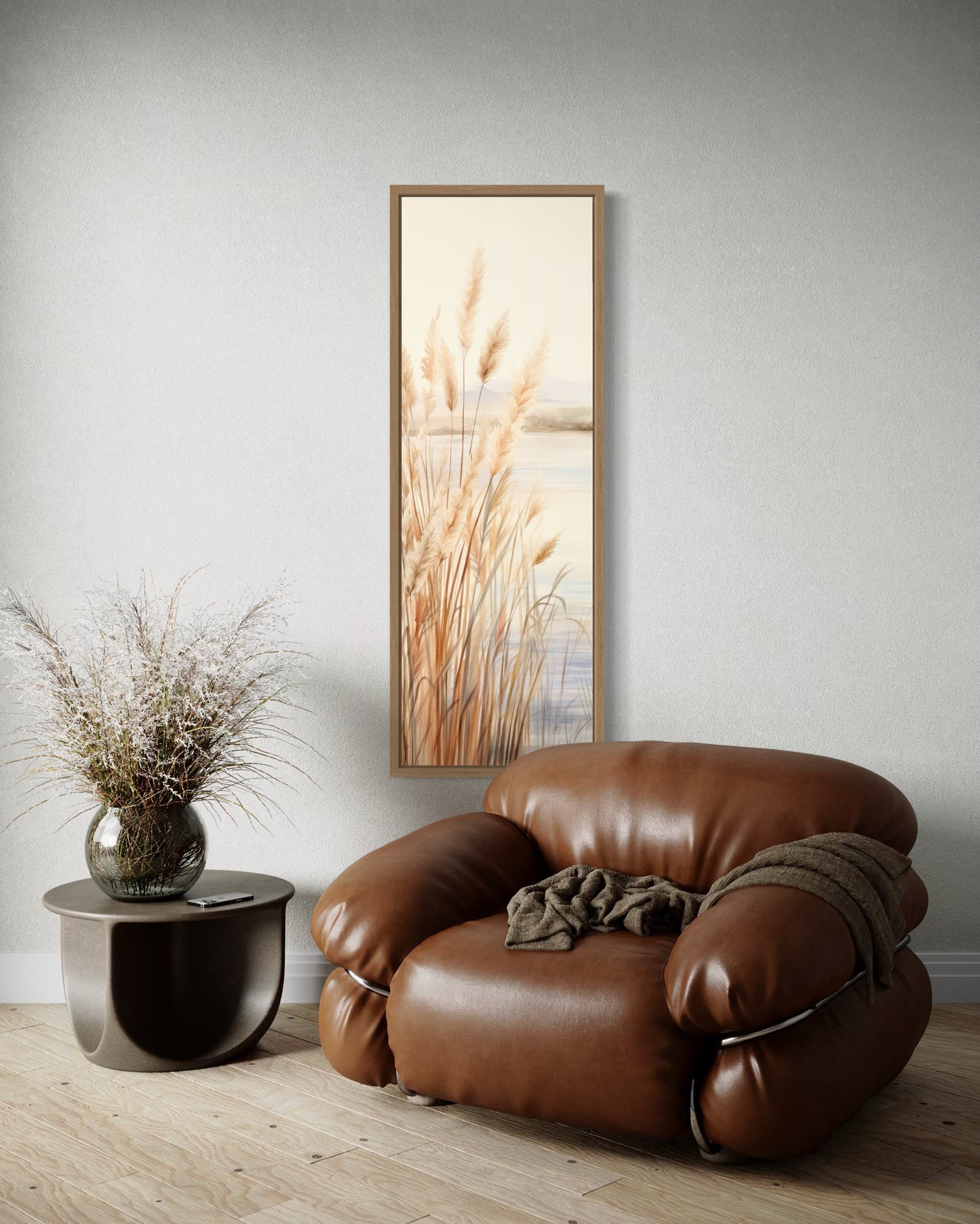 Pampas Grass On The Beach Neutral Vertical Framed Canvas Wall Art
