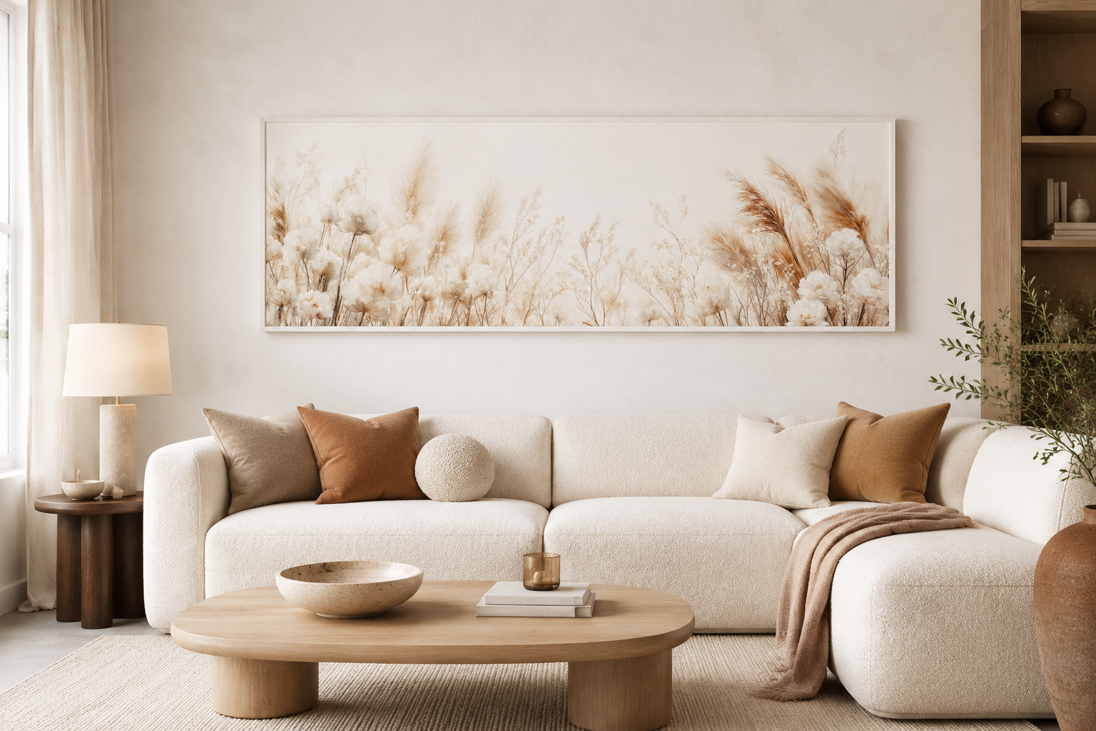 Pampas Grass Long Horizontal Neutral Canvas Wall Above Bed Decor