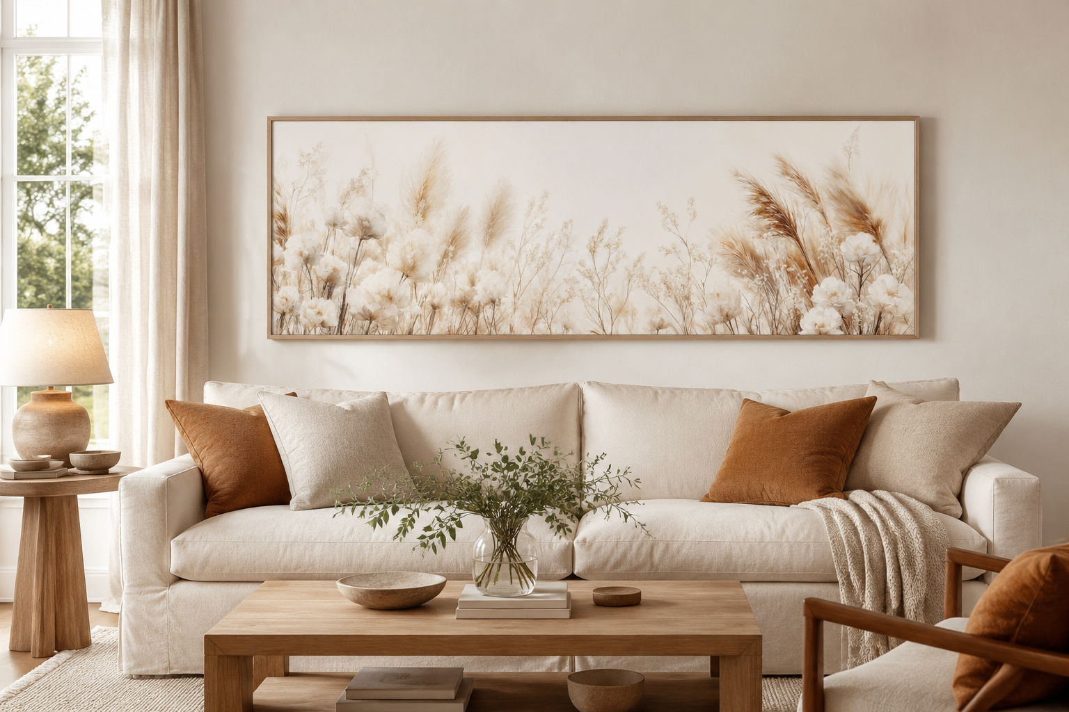 Pampas Grass Long Horizontal Neutral Canvas Wall Above Bed Decor