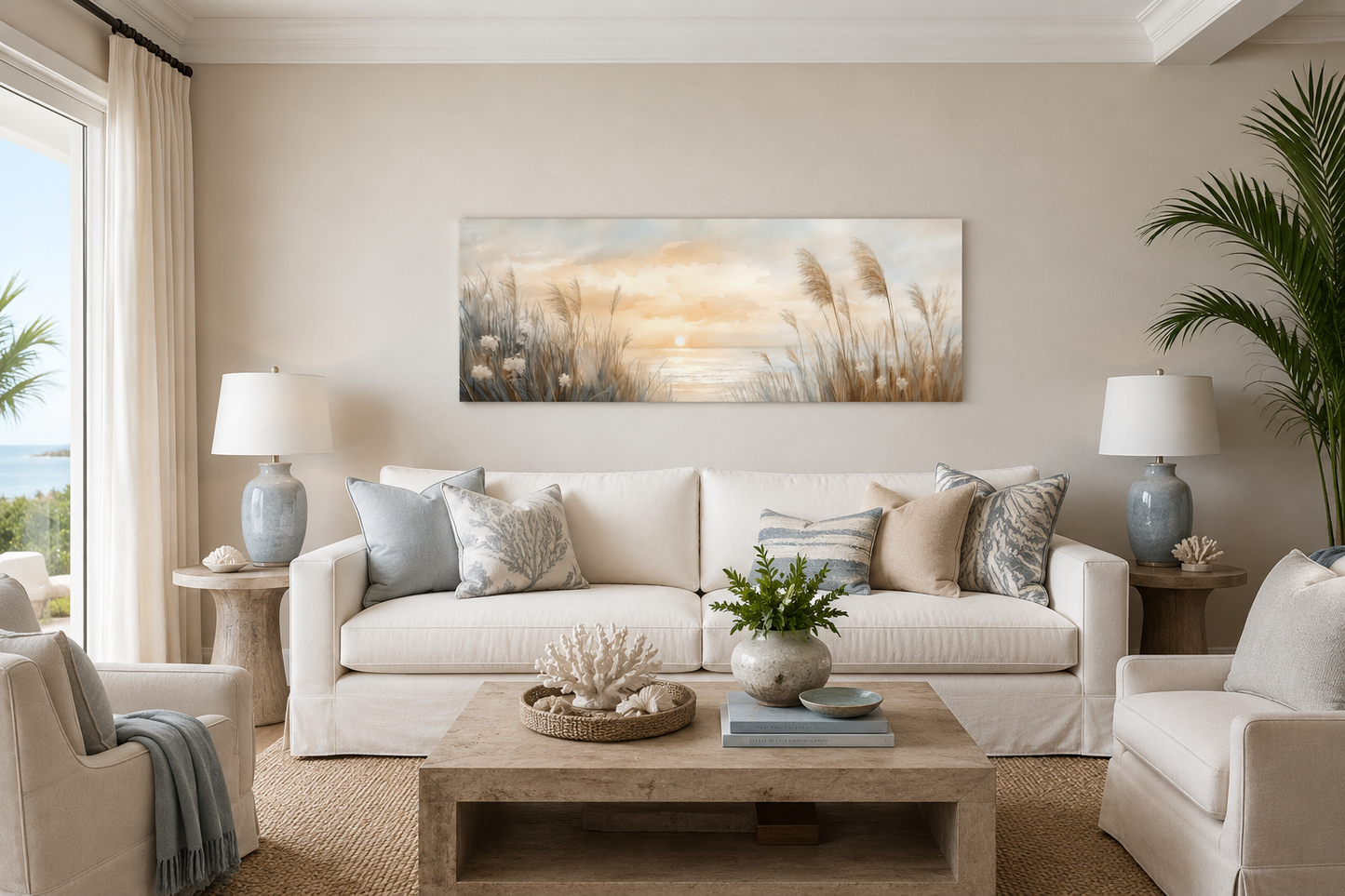 Pampas Grass On The Beach Coastal Horizontal Above Bed Wall Art